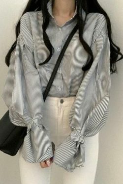 Coquette Aesthetic Stripe Lantern Sleeve Long Sleeve Blouse