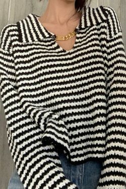 Coquette Aesthetic Stripe Lapel Sweater with Chain Detail