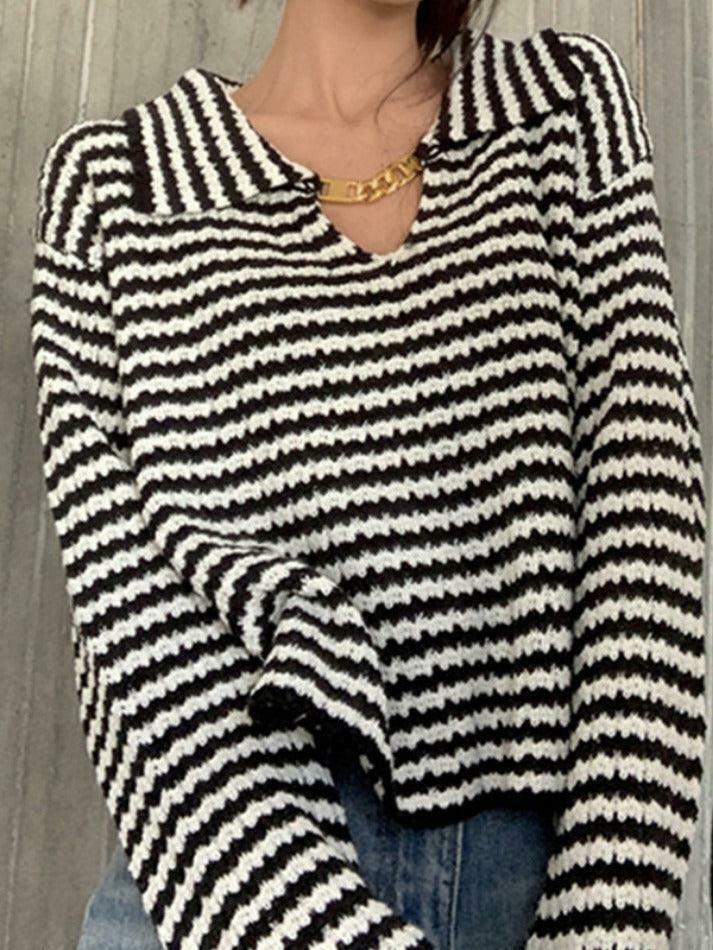 Coquette Aesthetic Stripe Lapel Sweater with Chain Detail Coquette Aesthetic Stripe Lapel Sweater with Chain Detail