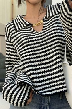 Coquette Aesthetic Stripe Lapel Sweater with Chain Detail