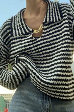 Coquette Aesthetic Stripe Lapel Sweater with Chain Detail
