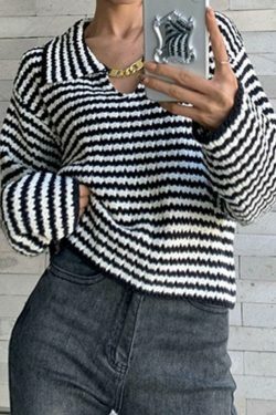 Coquette Aesthetic Stripe Lapel Sweater with Chain Detail