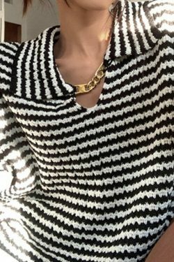 Coquette Aesthetic Stripe Lapel Sweater with Chain Detail