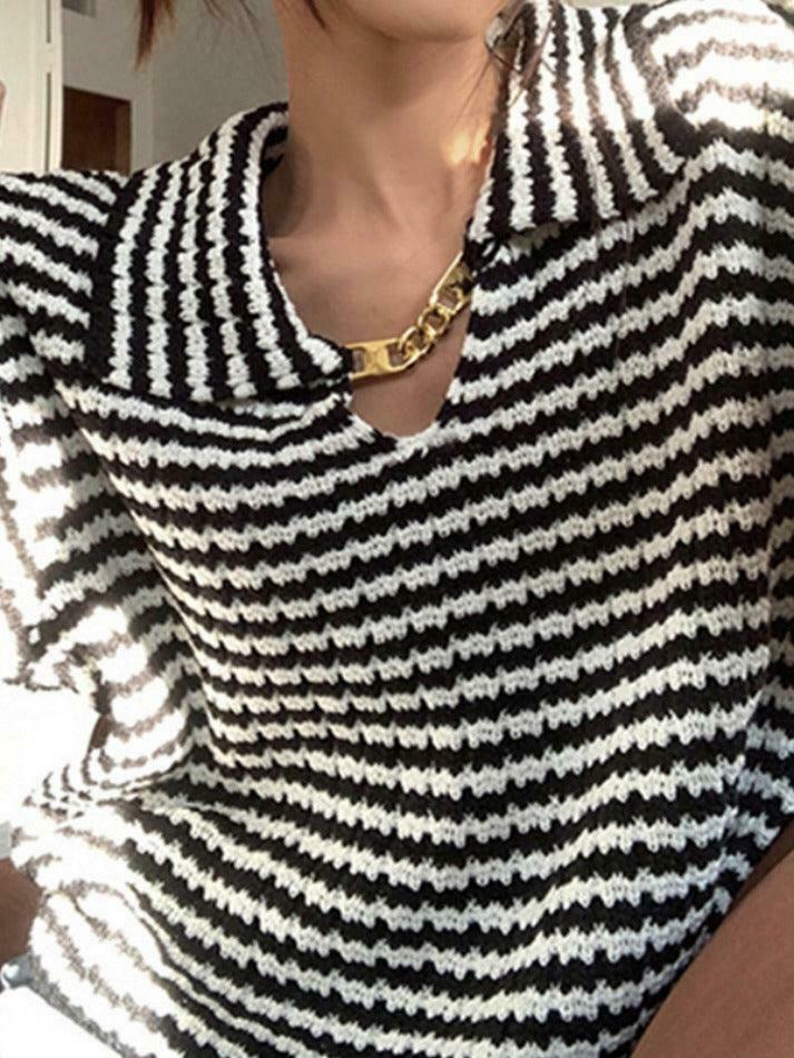 Coquette Aesthetic Stripe Lapel Sweater with Chain Detail Coquette Aesthetic Stripe Lapel Sweater with Chain Detail