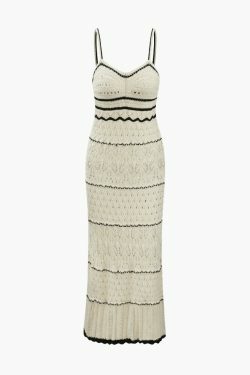 Coquette Aesthetic Stripe Openwork Knit Midi Dress