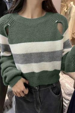 Coquette Aesthetic Stripe Print Cutout Sweater