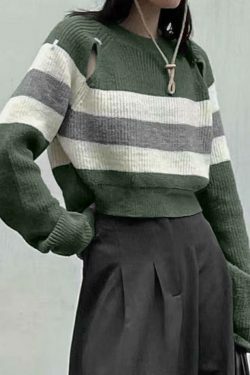 Coquette Aesthetic Stripe Print Cutout Sweater