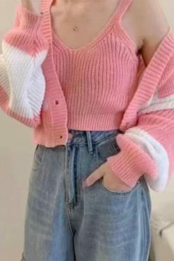 Coquette Aesthetic Stripe Splice Short Knit Cardigan