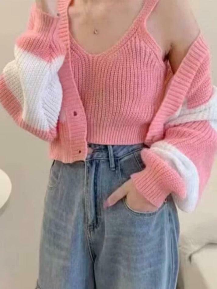 Coquette Aesthetic Stripe Splice Short Knit Cardigan Coquette Aesthetic Stripe Splice Short Knit Cardigan