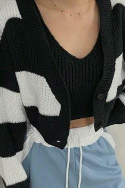 Coquette Aesthetic Stripe Splice Short Knit Cardigan