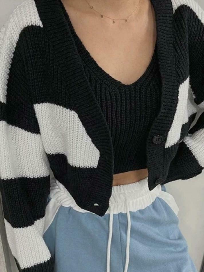 Coquette Aesthetic Stripe Splice Short Knit Cardigan Coquette Aesthetic Stripe Splice Short Knit Cardigan