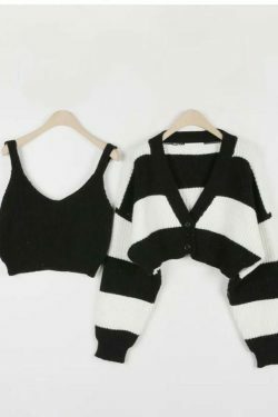 Coquette Aesthetic Stripe Splice Short Knit Cardigan
