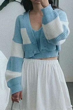 Coquette Aesthetic Stripe Splice Short Knit Cardigan