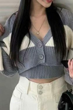 Coquette Aesthetic Stripe Splice Short Knit Cardigan