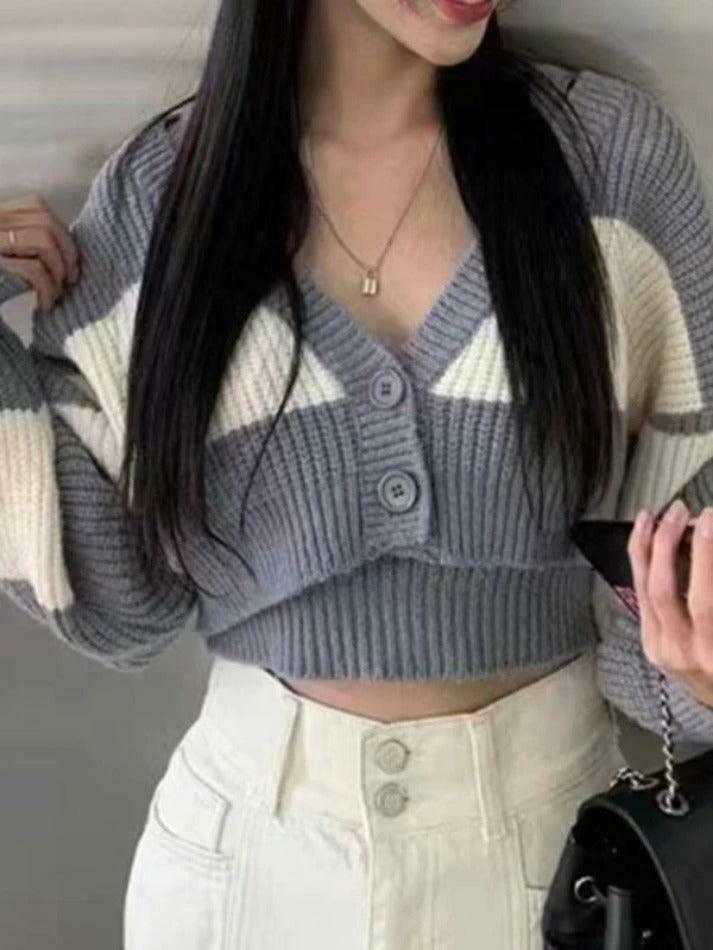 Coquette Aesthetic Stripe Splice Short Knit Cardigan Coquette Aesthetic Stripe Splice Short Knit Cardigan