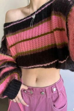 Coquette Aesthetic Stripe Splice Short Sweater - Y2K Fashion Women's Clothing