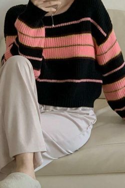 Coquette Aesthetic Stripe Splice Short Sweater - Y2K Fashion Women's Clothing