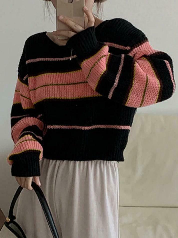 Coquette Aesthetic Stripe Splice Short Sweater - Y2K Fashion Women's Clothing Coquette Aesthetic Stripe Splice Short Sweater - Y2K Fashion Women's Clothing