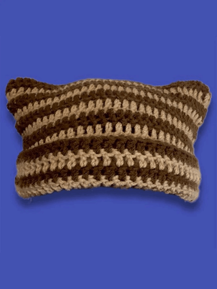 Coquette Aesthetic Striped Knit Hat with Handmade Horn Detail Coquette Aesthetic Striped Knit Hat with Handmade Horn Detail