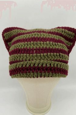 Coquette Aesthetic Striped Knit Hat with Handmade Horn Detail
