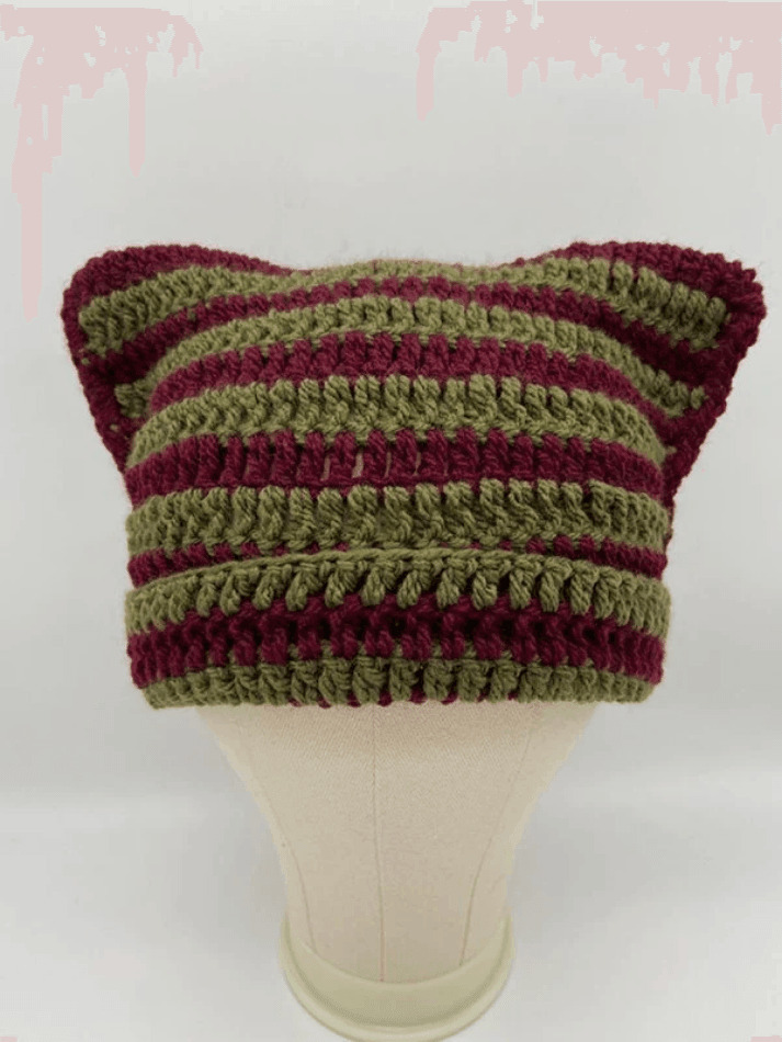 Coquette Aesthetic Striped Knit Hat with Handmade Horn Detail Coquette Aesthetic Striped Knit Hat with Handmade Horn Detail