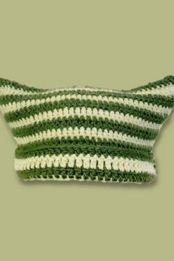 Coquette Aesthetic Striped Knit Hat with Handmade Horn Detail