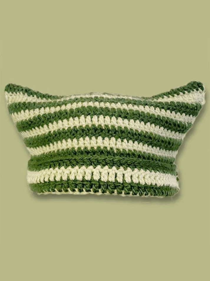 Coquette Aesthetic Striped Knit Hat with Handmade Horn Detail Coquette Aesthetic Striped Knit Hat with Handmade Horn Detail