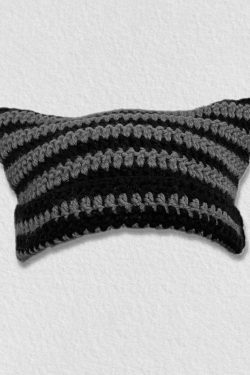 Coquette Aesthetic Striped Knit Hat with Handmade Horn Detail