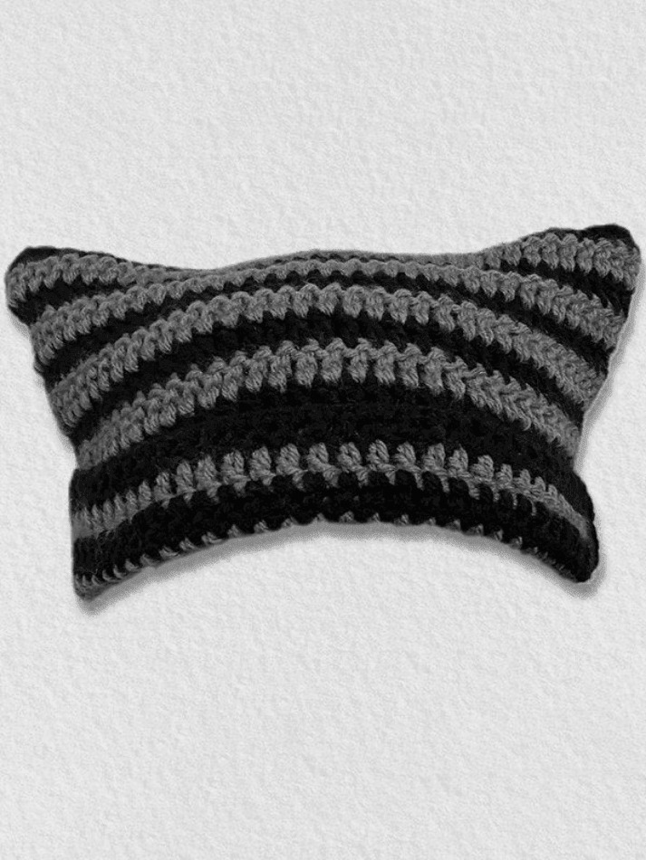 Coquette Aesthetic Striped Knit Hat with Handmade Horn Detail Coquette Aesthetic Striped Knit Hat with Handmade Horn Detail