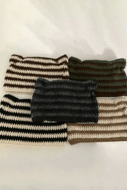 Coquette Aesthetic Striped Knit Hat with Handmade Horn Detail