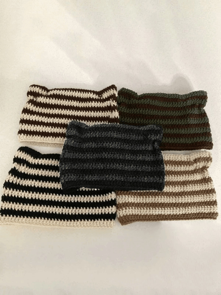 Coquette Aesthetic Striped Knit Hat with Handmade Horn Detail Coquette Aesthetic Striped Knit Hat with Handmade Horn Detail