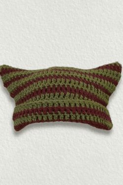 Coquette Aesthetic Striped Knit Hat with Handmade Horn Detail