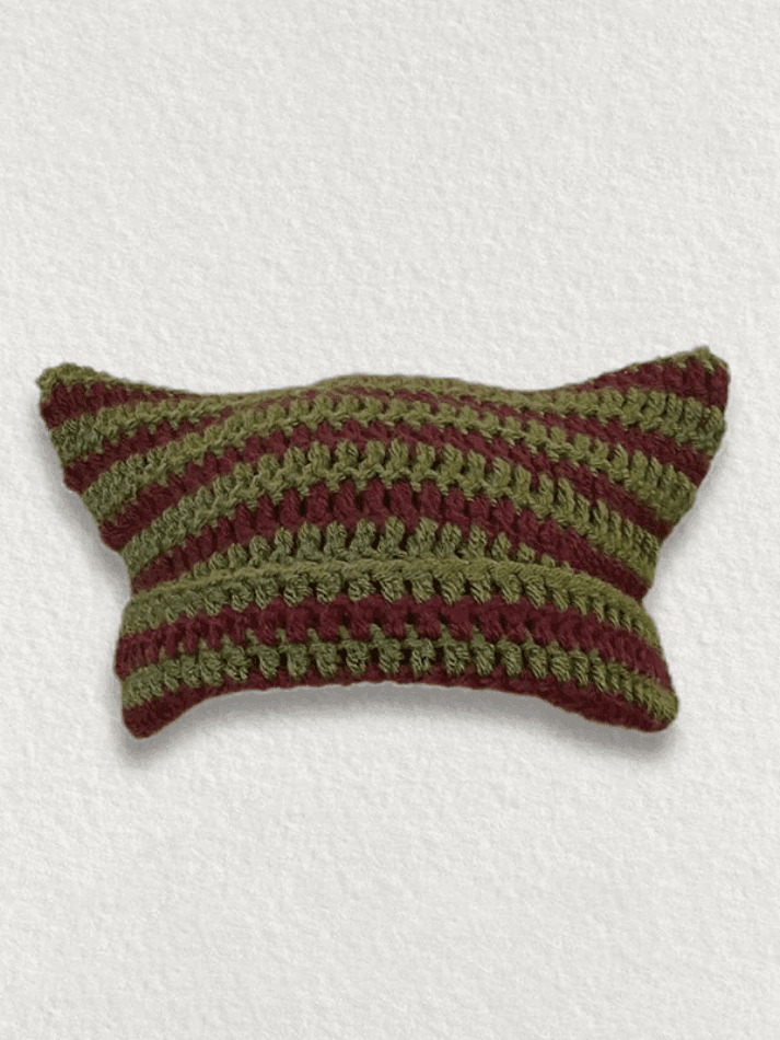 Coquette Aesthetic Striped Knit Hat with Handmade Horn Detail Coquette Aesthetic Striped Knit Hat with Handmade Horn Detail