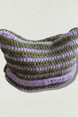 Coquette Aesthetic Striped Knit Hat with Handmade Horn Detail