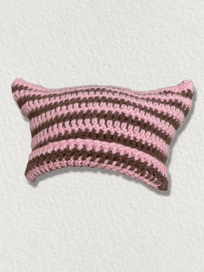 Coquette Aesthetic Striped Knit Hat with Handmade Horn Detail Coquette Aesthetic Striped Knit Hat with Handmade Horn Detail