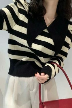 Coquette Aesthetic Striped Puff Sleeve Knit Sweater