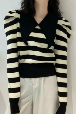 Coquette Aesthetic Striped Puff Sleeve Knit Sweater
