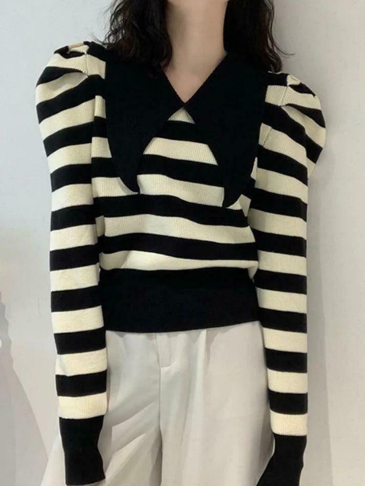 Coquette Aesthetic Striped Puff Sleeve Knit Sweater Coquette Aesthetic Striped Puff Sleeve Knit Sweater