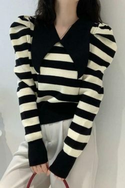 Coquette Aesthetic Striped Puff Sleeve Knit Sweater