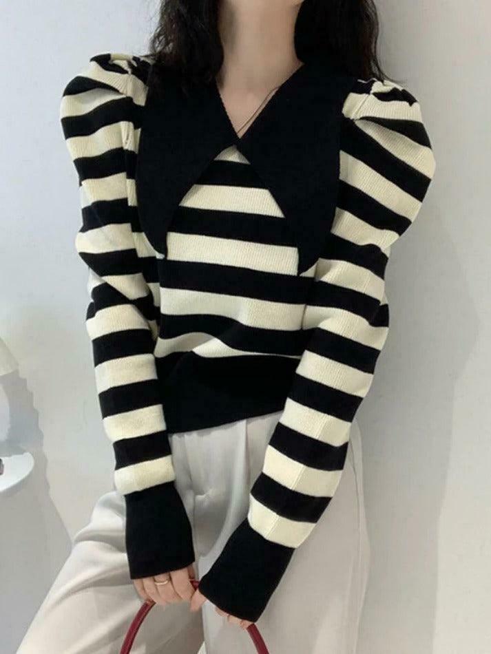 Coquette Aesthetic Striped Puff Sleeve Knit Sweater Coquette Aesthetic Striped Puff Sleeve Knit Sweater