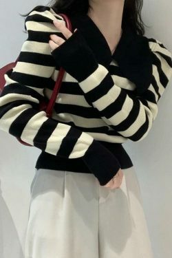 Coquette Aesthetic Striped Puff Sleeve Knit Sweater