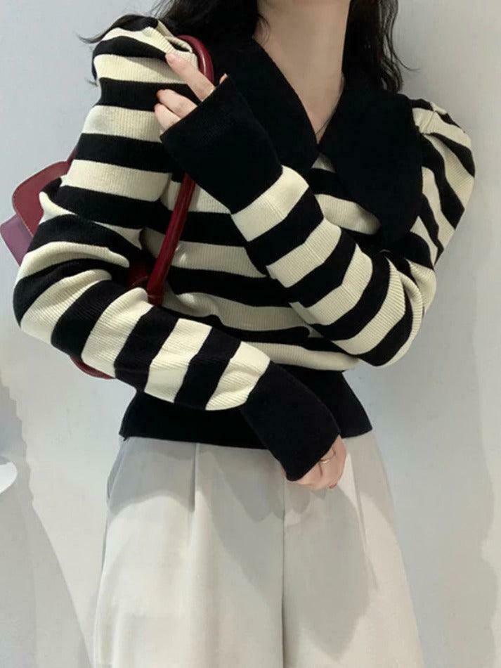 Coquette Aesthetic Striped Puff Sleeve Knit Sweater Coquette Aesthetic Striped Puff Sleeve Knit Sweater