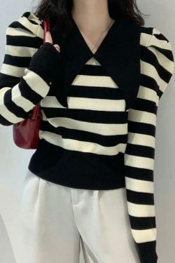 Coquette Aesthetic Striped Puff Sleeve Knit Sweater