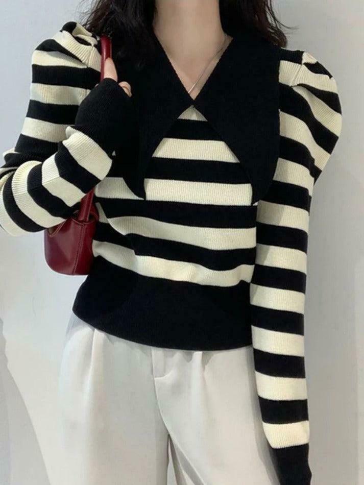 Coquette Aesthetic Striped Puff Sleeve Knit Sweater Coquette Aesthetic Striped Puff Sleeve Knit Sweater
