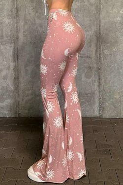 Coquette Aesthetic Sun Moon Print High Waist Flare Leg Pants