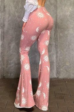 Coquette Aesthetic Sun Moon Print High Waist Flare Leg Pants