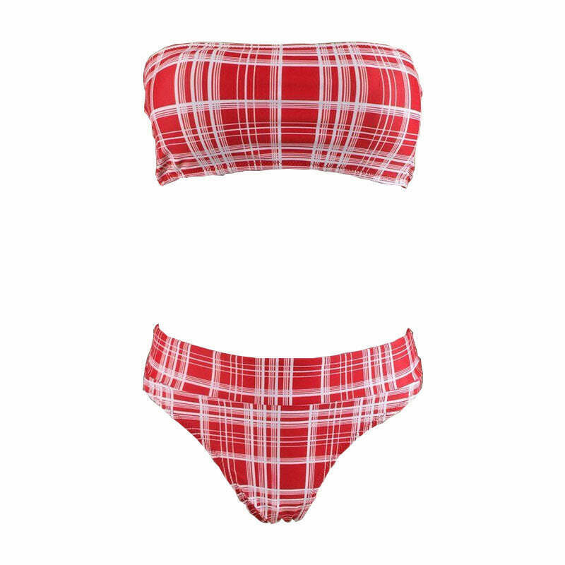 Coquette Aesthetic Tartan Bandeau Bikini Set - Y2K Fashion Swimwear Coquette Aesthetic Tartan Bandeau Bikini Set - Y2K Fashion Swimwear