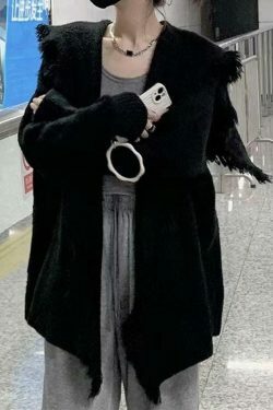 Coquette Aesthetic Tassel Trim Cardigan with Big Lapel - Y2K Fashion Statement