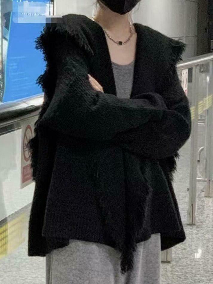 Coquette Aesthetic Tassel Trim Cardigan with Big Lapel - Y2K Fashion Statement Coquette Aesthetic Tassel Trim Cardigan with Big Lapel - Y2K Fashion Statement