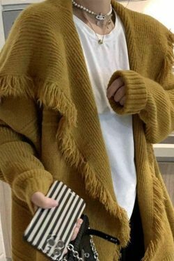 Coquette Aesthetic Tassel Trim Cardigan with Big Lapel - Y2K Fashion Statement